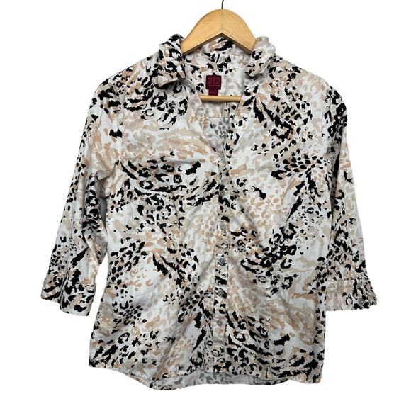 212 Collection Womens Sz Medium Stretch 3/4 Sleeve White Black Button Down Top - Picture 1 of 8